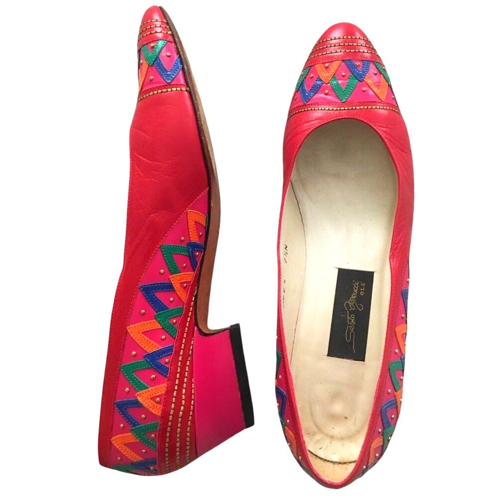 Vintage Sesto Meucci Ole Hot Pink Shoes Heels Pumps Leather Studded Size 7.5